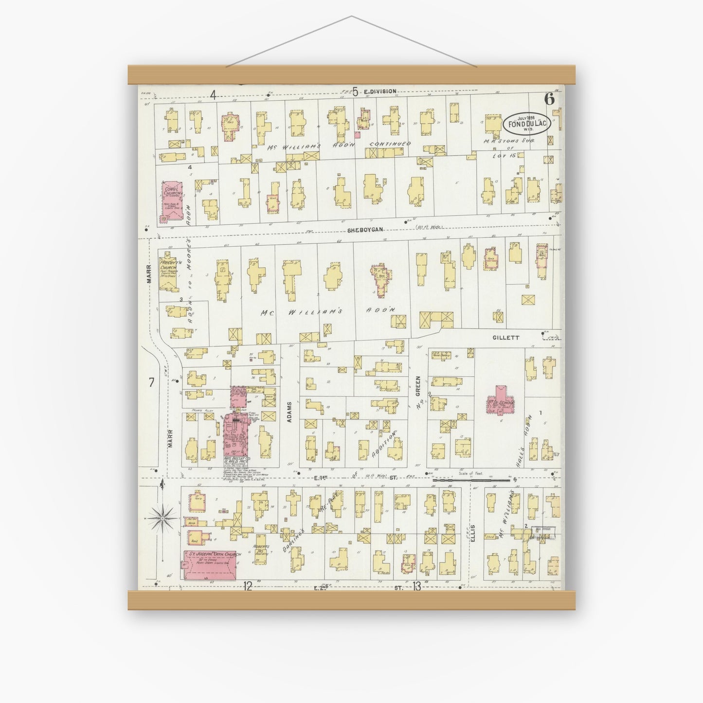 Old map wall art mockup — magnetic wood frame on white wall — Sanborn Fire Insurance Map from Fond du Lac, Fond du Lac County, Wisconsin (1898), Sheet #0006