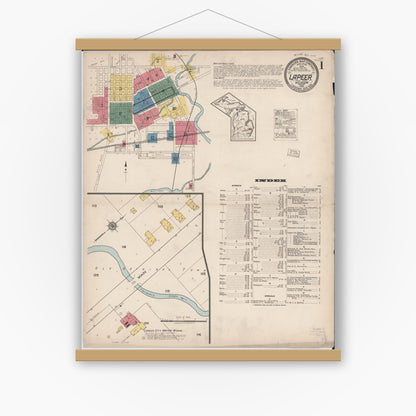 Old map wall art mockup — magnetic wood frame on white wall — Sanborn Fire Insurance Map from Lapeer, Lapeer County, Michigan (1922) - Complete Map Set