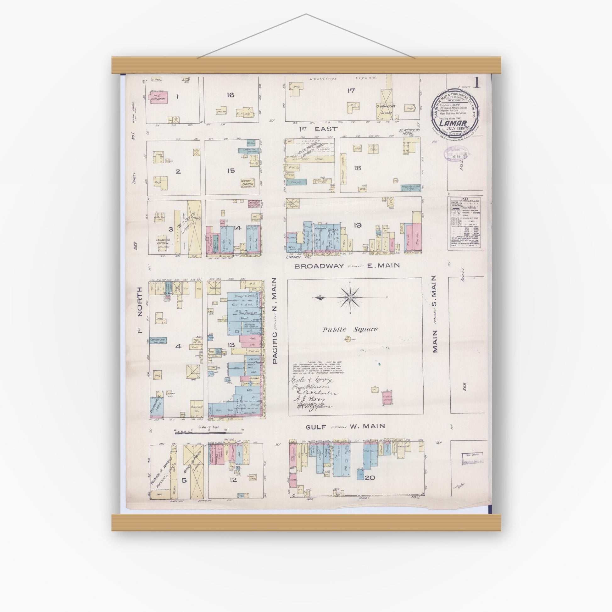 Old map wall art mockup — magnetic wood frame on white wall — Sanborn Fire Insurance Map from Lamar, Barton County, Missouri (1885) - Complete Map Set