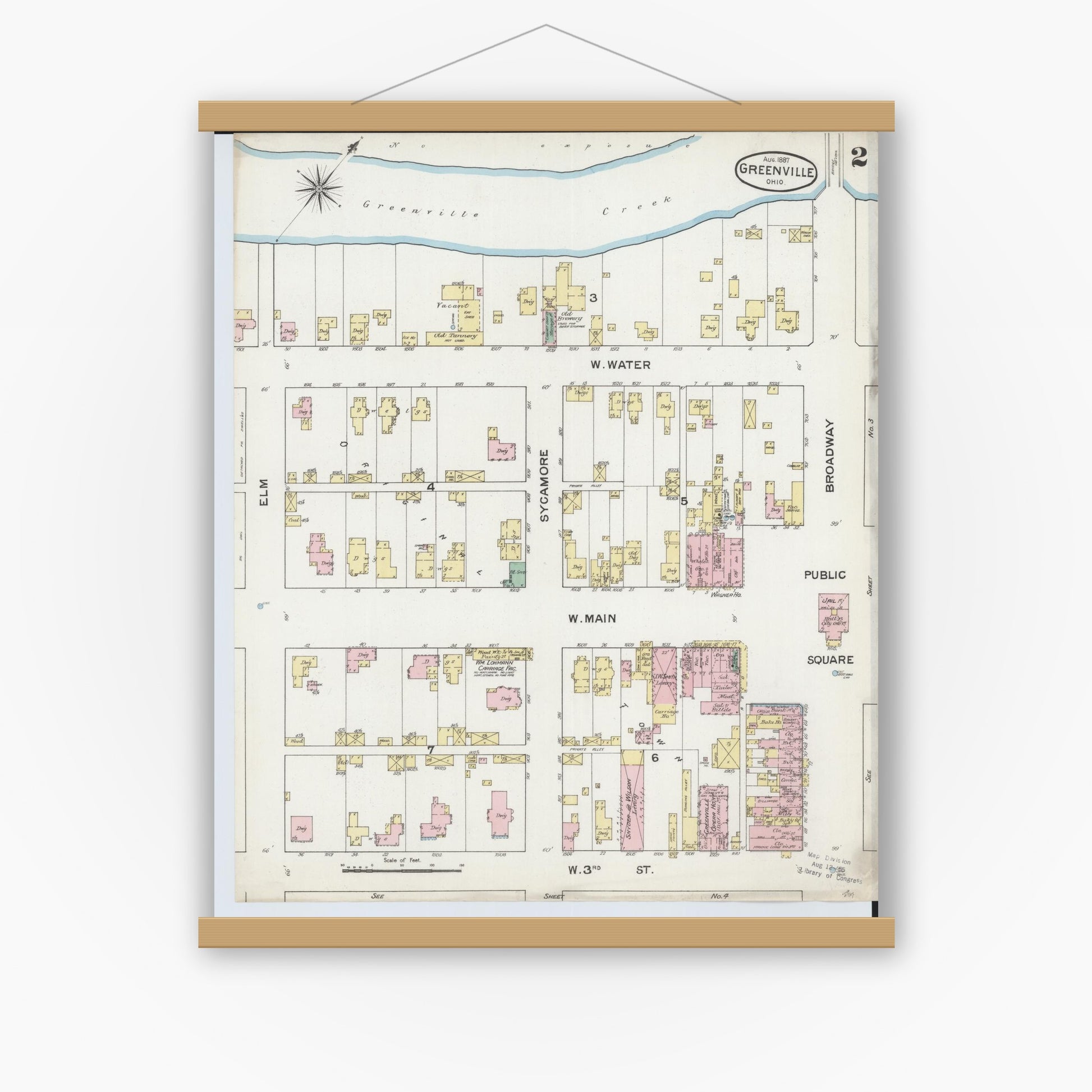 Old map wall art mockup — magnetic wood frame on white wall — Sanborn Fire Insurance Map from Greenville, Darke County, Ohio (1887), Sheet #0002