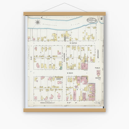 Old map wall art mockup — magnetic wood frame on white wall — Sanborn Fire Insurance Map from Greenville, Darke County, Ohio (1887), Sheet #0002