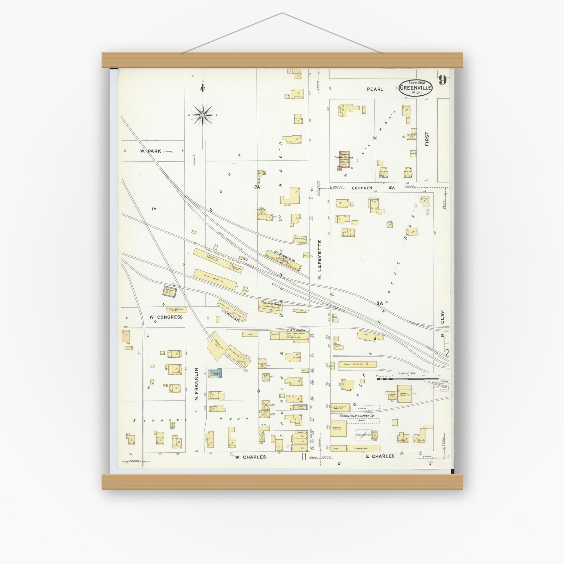 Old map wall art mockup — magnetic wood frame on white wall — Sanborn Fire Insurance Map from Greenville, Montcalm County, Michigan (1908), Sheet #0009
