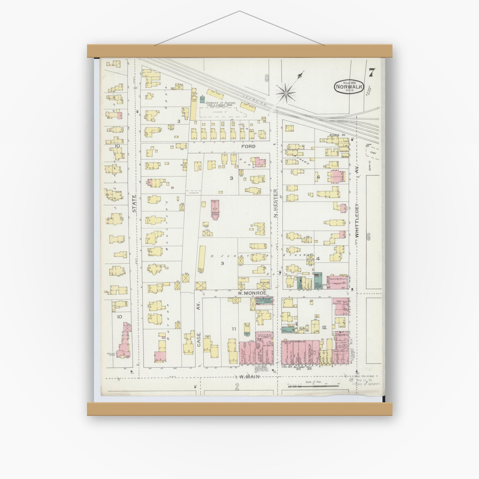 Old map wall art mockup — magnetic wood frame on white wall — Sanborn Fire Insurance Map from Norwalk, Huron County, Ohio (1893), Sheet #0007