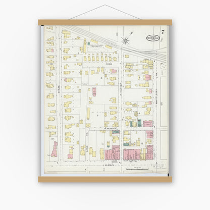 Old map wall art mockup — magnetic wood frame on white wall — Sanborn Fire Insurance Map from Norwalk, Huron County, Ohio (1893), Sheet #0007