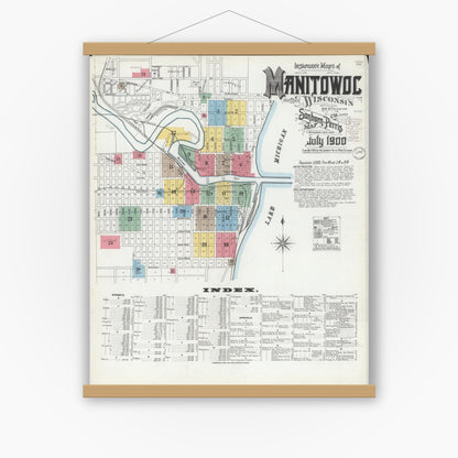 Old map wall art mockup — magnetic wood frame on white wall — Sanborn Fire Insurance Map from Manitowoc, Manitowoc County, Wisconsin (1900), Sheet #0001