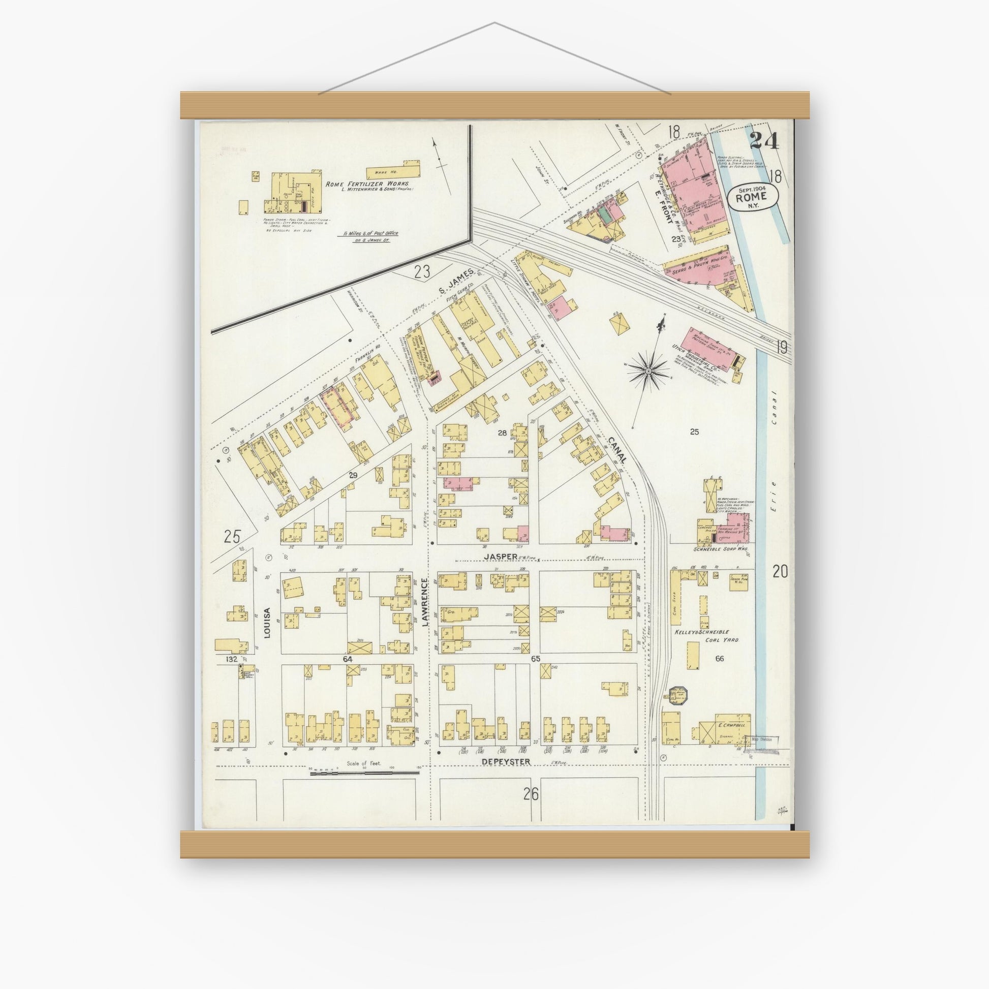 Old map wall art mockup — magnetic wood frame on white wall — Sanborn Fire Insurance Map from Rome, Oneida County, New York (1904), Sheet #0024