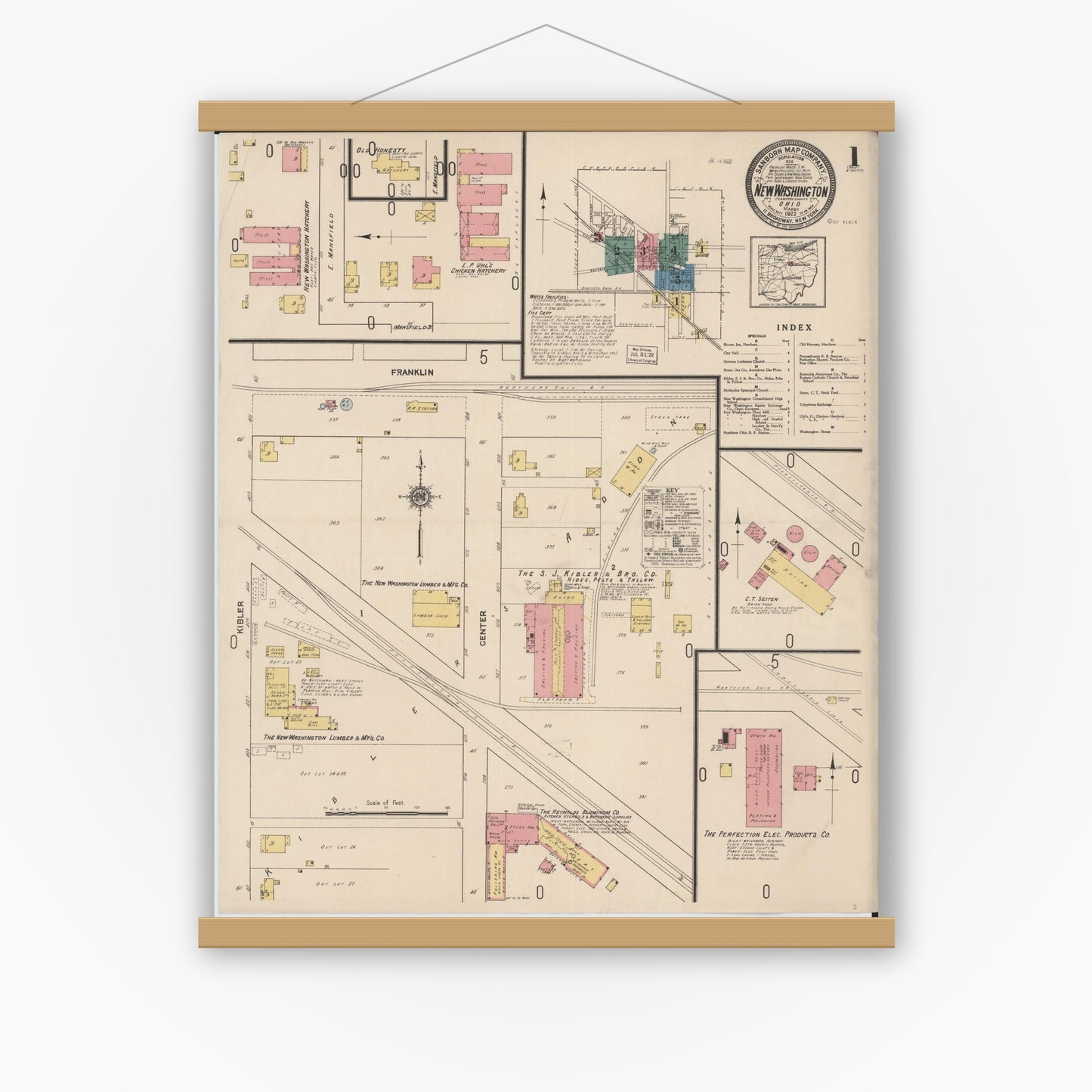 Old map wall art mockup — magnetic wood frame on white wall — Sanborn Fire Insurance Map from New Washington, Crawford County, Ohio (1922), Sheet #0001