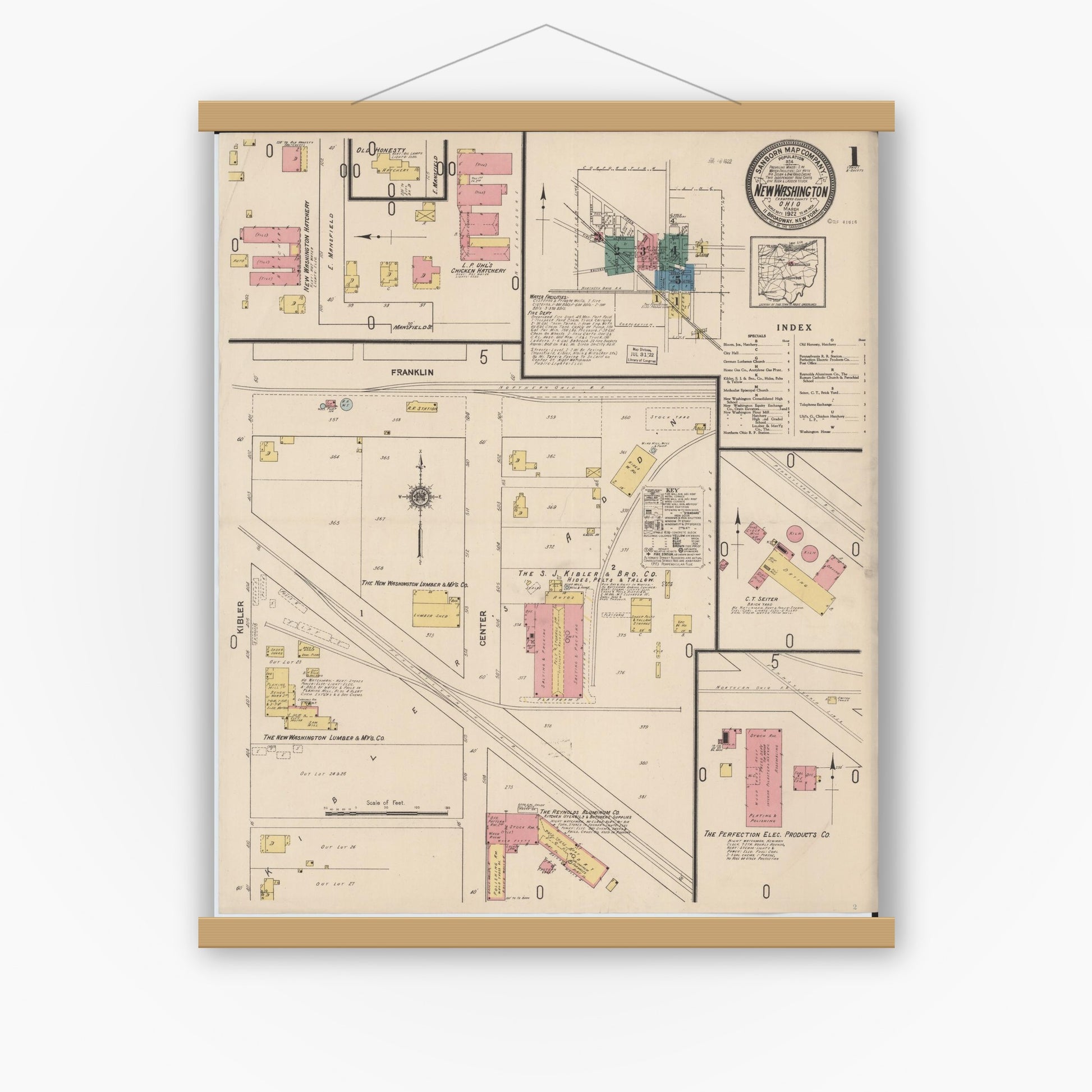 Old map wall art mockup — magnetic wood frame on white wall — Sanborn Fire Insurance Map from New Washington, Crawford County, Ohio (1922), Sheet #0001