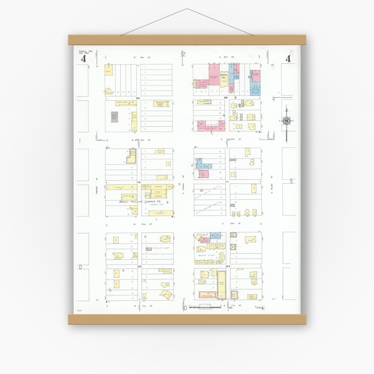 Old map wall art mockup — magnetic wood frame on white wall — Sanborn Fire Insurance Map from Dumas, Moore County, Texas (1950), Sheet #0004