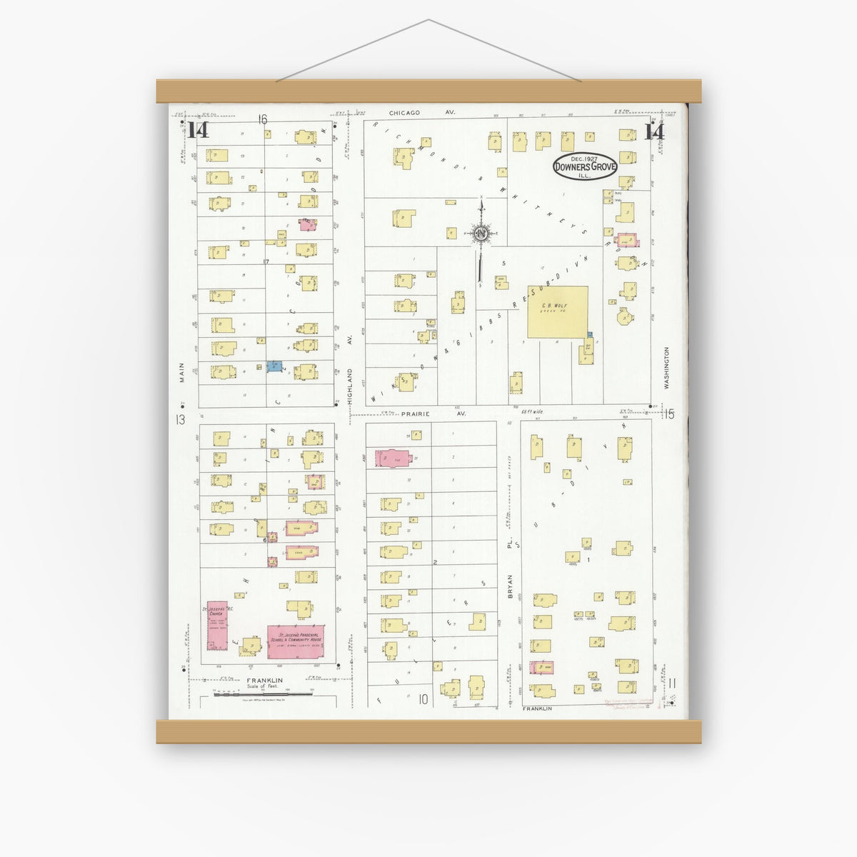 Old map wall art mockup — magnetic wood frame on white wall — Sanborn Fire Insurance Map from Downers Grove, Dupage County, Illinois (1927), Sheet #0014