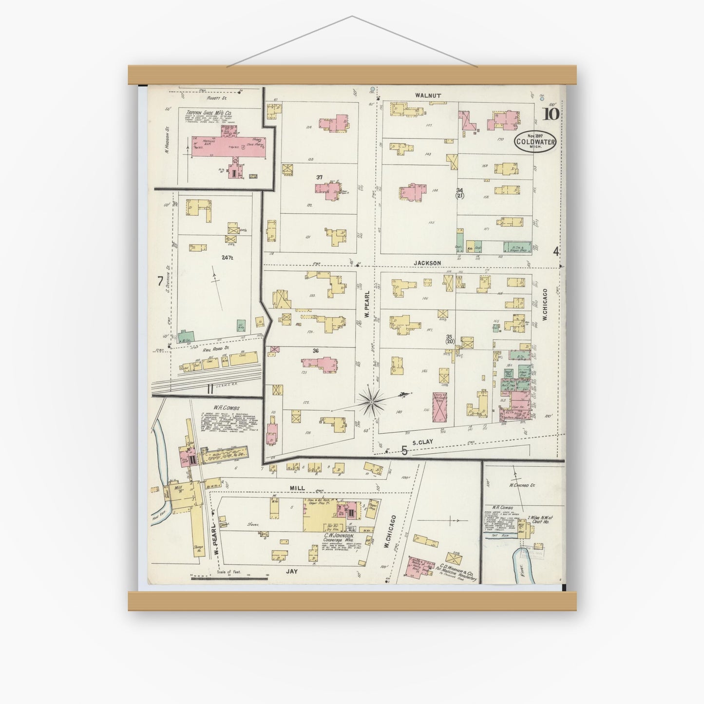 Old map wall art mockup — magnetic wood frame on white wall — Sanborn Fire Insurance Map from Coldwater, Branch County, Michigan (1897), Sheet #0010