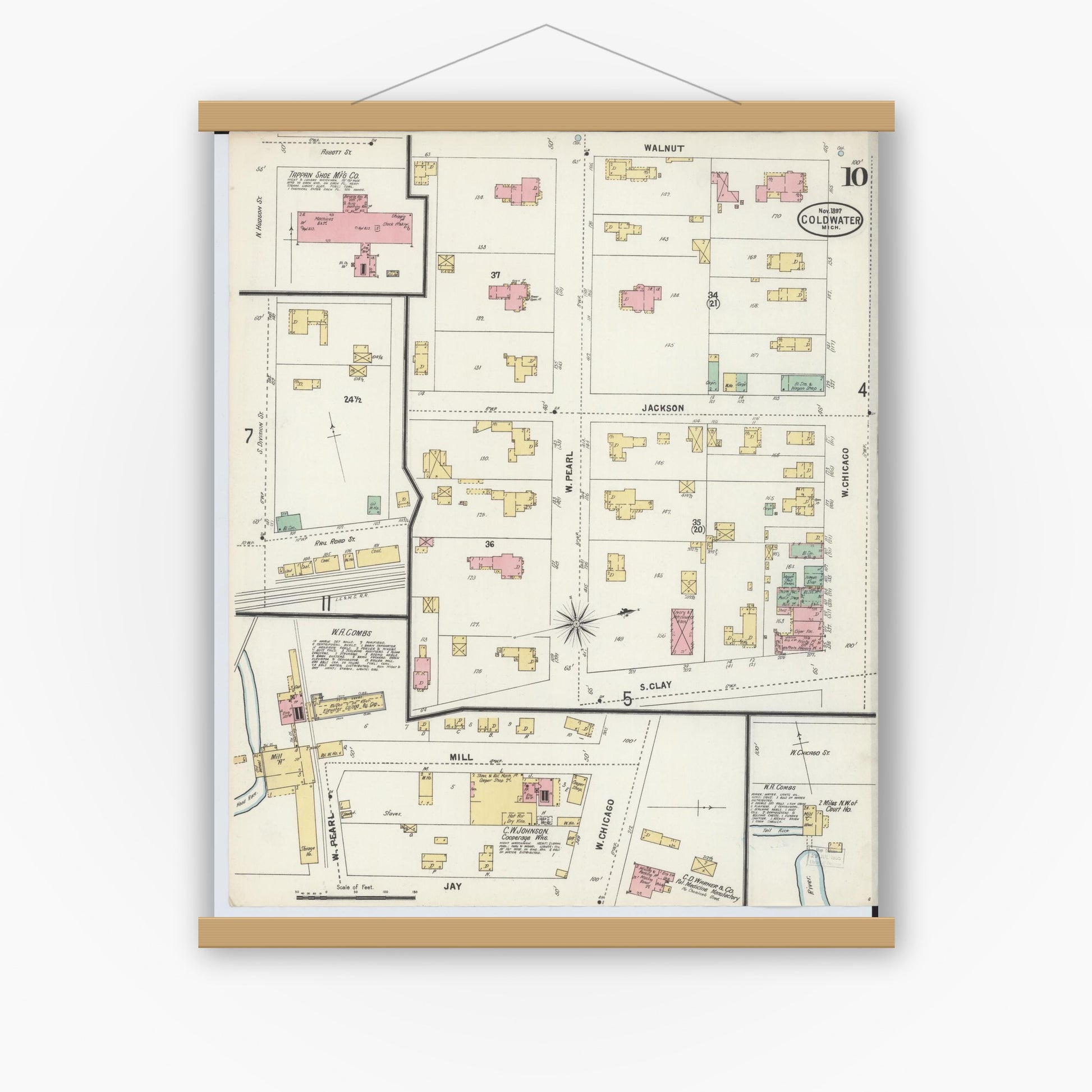 Old map wall art mockup — magnetic wood frame on white wall — Sanborn Fire Insurance Map from Coldwater, Branch County, Michigan (1897), Sheet #0010