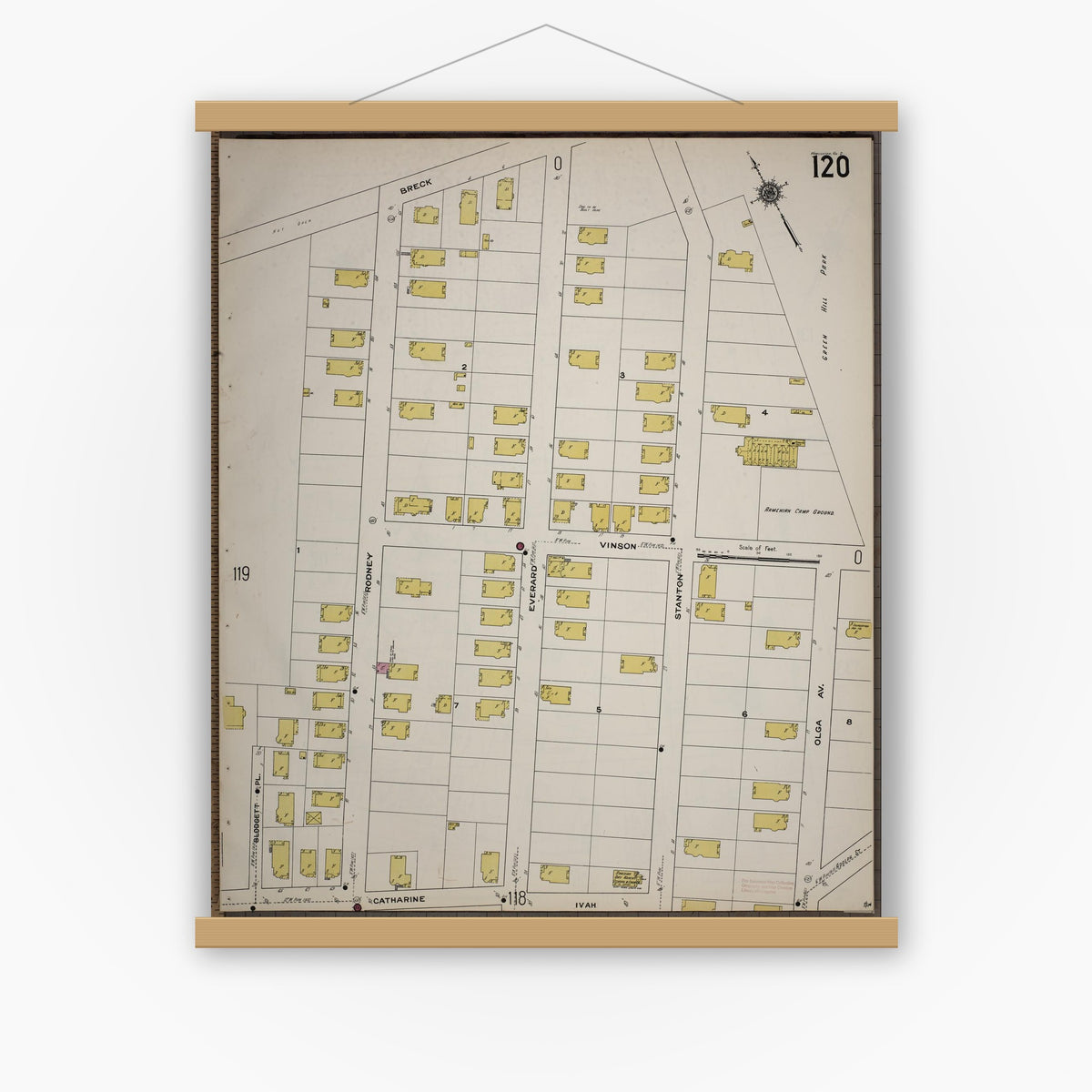 Old map wall art mockup — magnetic wood frame on white wall — Sanborn Fire Insurance Map from Worcester, Worcester County, Massachusetts (1910), Sheet #0120
