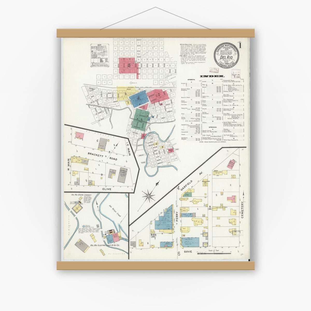 Old map wall art mockup — magnetic wood frame on white wall — Sanborn Fire Insurance Map from Del Rio, Val Verde County, Texas (1909) - Complete Map Set