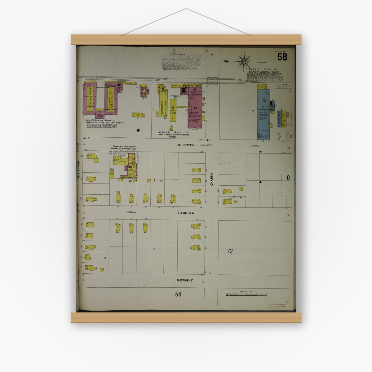 Old map wall art mockup — magnetic wood frame on white wall — Sanborn Fire Insurance Map from Jackson, Jackson County, Michigan (1907), Sheet #0058