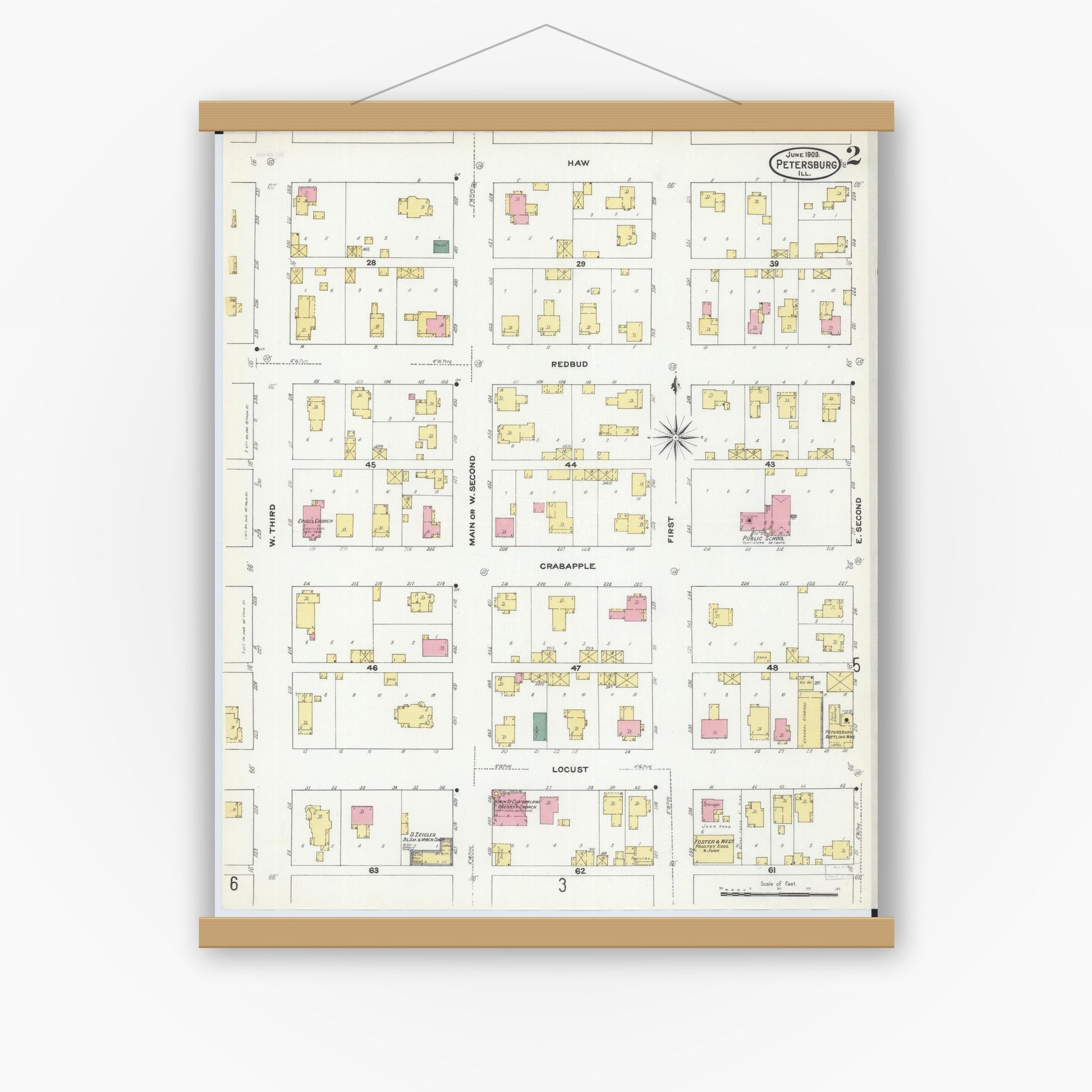 Old map wall art mockup — magnetic wood frame on white wall — Sanborn Fire Insurance Map from Petersburg, Menard County, Illinois (1909), Sheet #0002