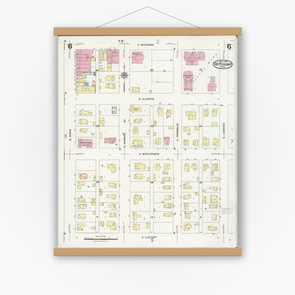 Old map wall art mockup — magnetic wood frame on white wall — Sanborn Fire Insurance Map from Mount Pleasant, Isabella County, Michigan (1924), Sheet #0006
