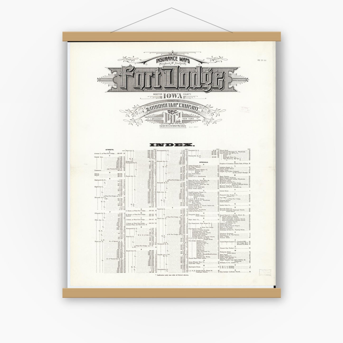 Old map wall art mockup — magnetic wood frame on white wall — Sanborn Fire Insurance Map from Fort Dodge, Webster County, Iowa (1912), Sheet #0001