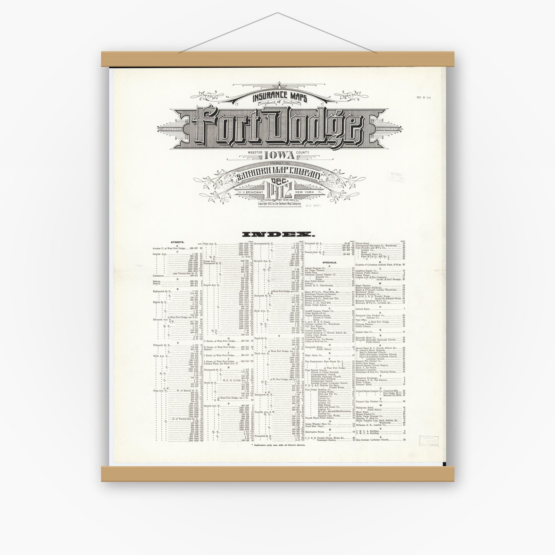 Old map wall art mockup — magnetic wood frame on white wall — Sanborn Fire Insurance Map from Fort Dodge, Webster County, Iowa (1912), Sheet #0001