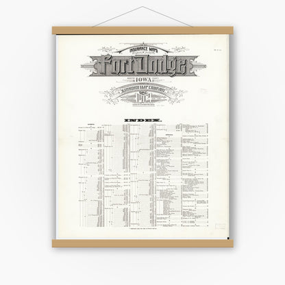 Old map wall art mockup — magnetic wood frame on white wall — Sanborn Fire Insurance Map from Fort Dodge, Webster County, Iowa (1912), Sheet #0001