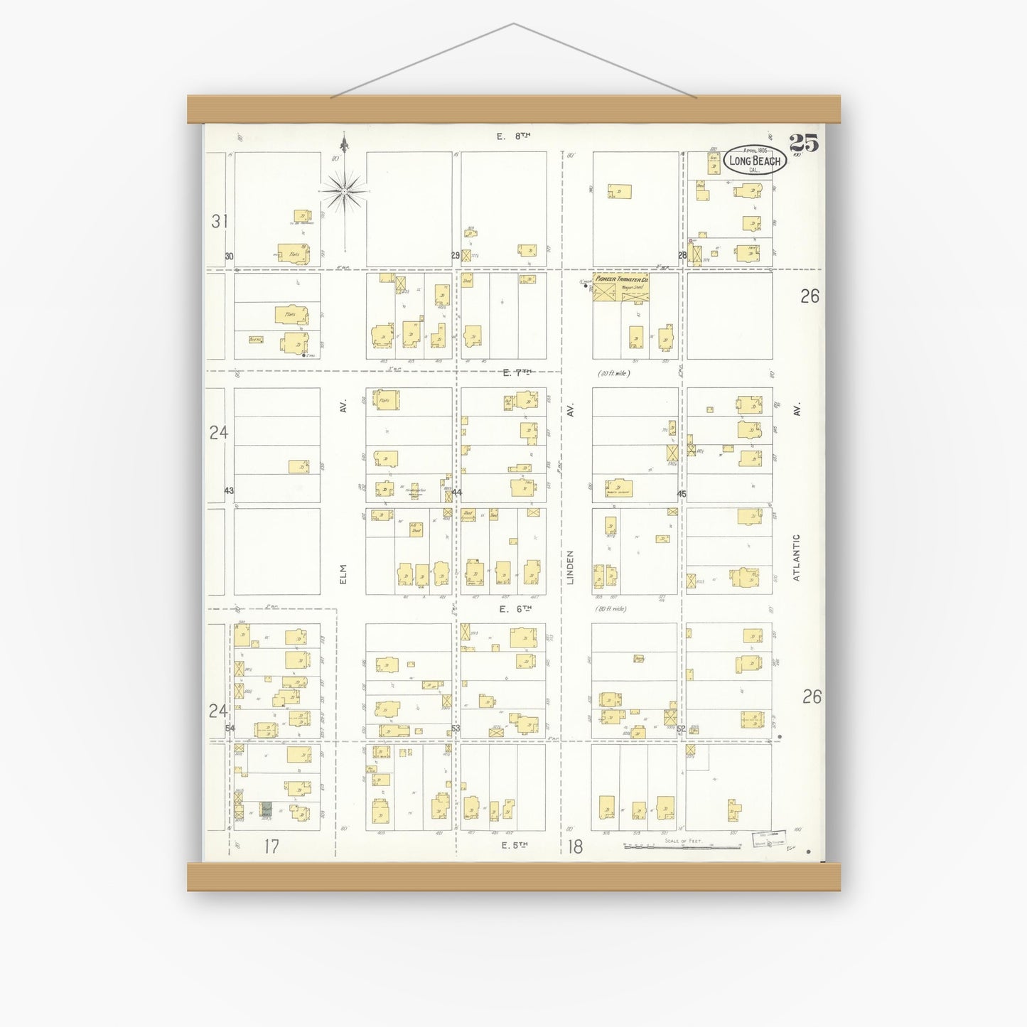 Old map wall art mockup — magnetic wood frame on white wall — Sanborn Fire Insurance Map from Long Beach, Los Angeles County, California (1905), Sheet #0025