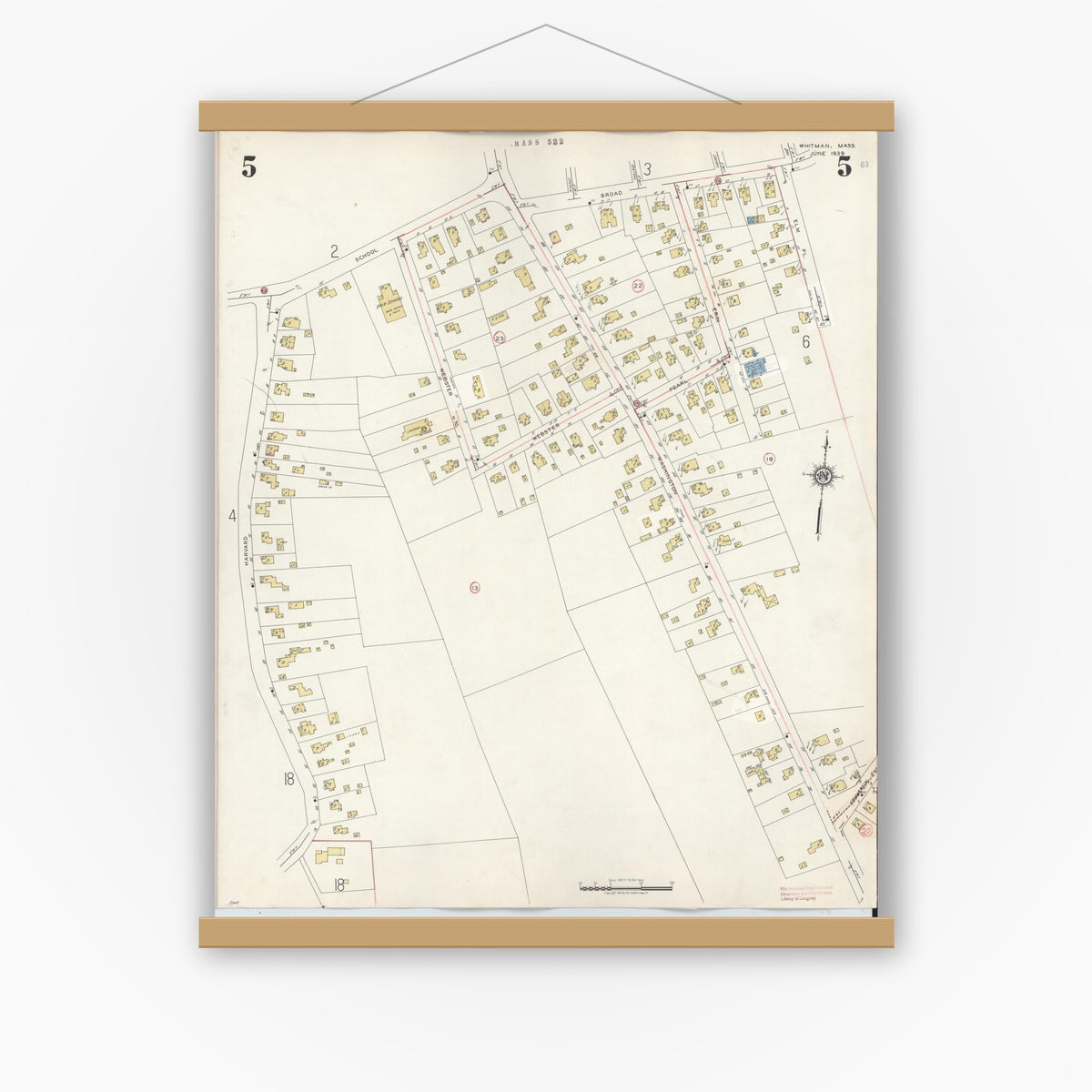 Old map wall art mockup — magnetic wood frame on white wall — Sanborn Fire Insurance Map from Whitman, Plymouth County, Massachusetts (1950), Sheet #0005