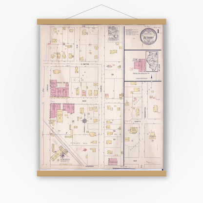 Old map wall art mockup — magnetic wood frame on white wall — Sanborn Fire Insurance Map from Bethany, Moultrie County, Illinois (1922) - Complete Map Set