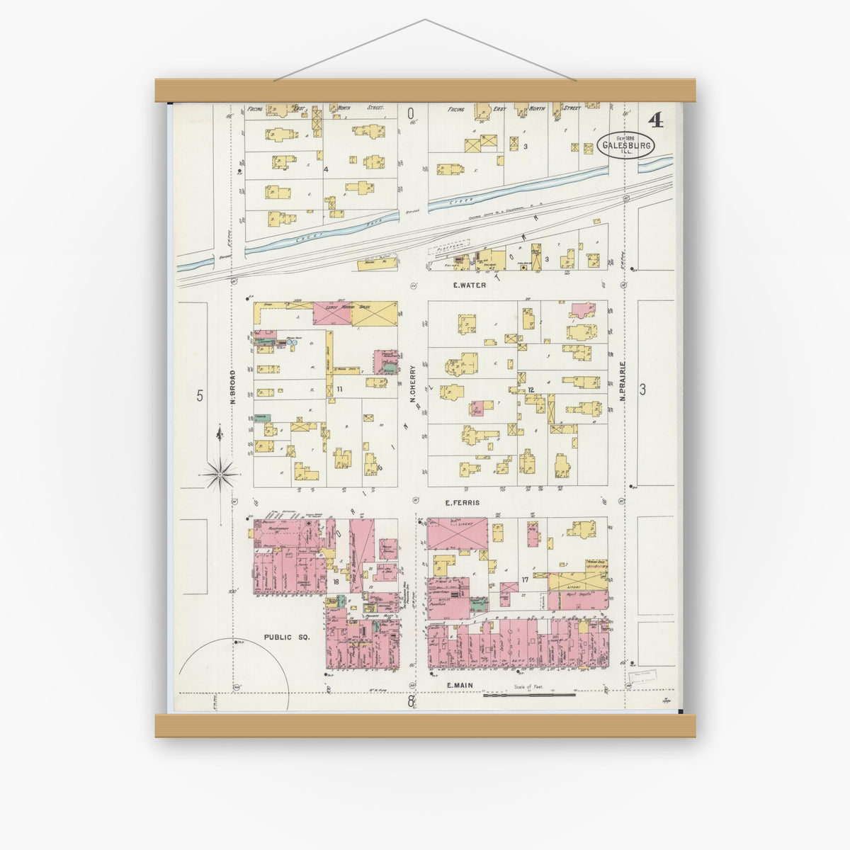 Old map wall art mockup — magnetic wood frame on white wall — Sanborn Fire Insurance Map from Galesburg, Knox County, Illinois (1898), Sheet #0004