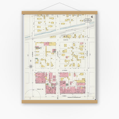 Old map wall art mockup — magnetic wood frame on white wall — Sanborn Fire Insurance Map from Galesburg, Knox County, Illinois (1898), Sheet #0004