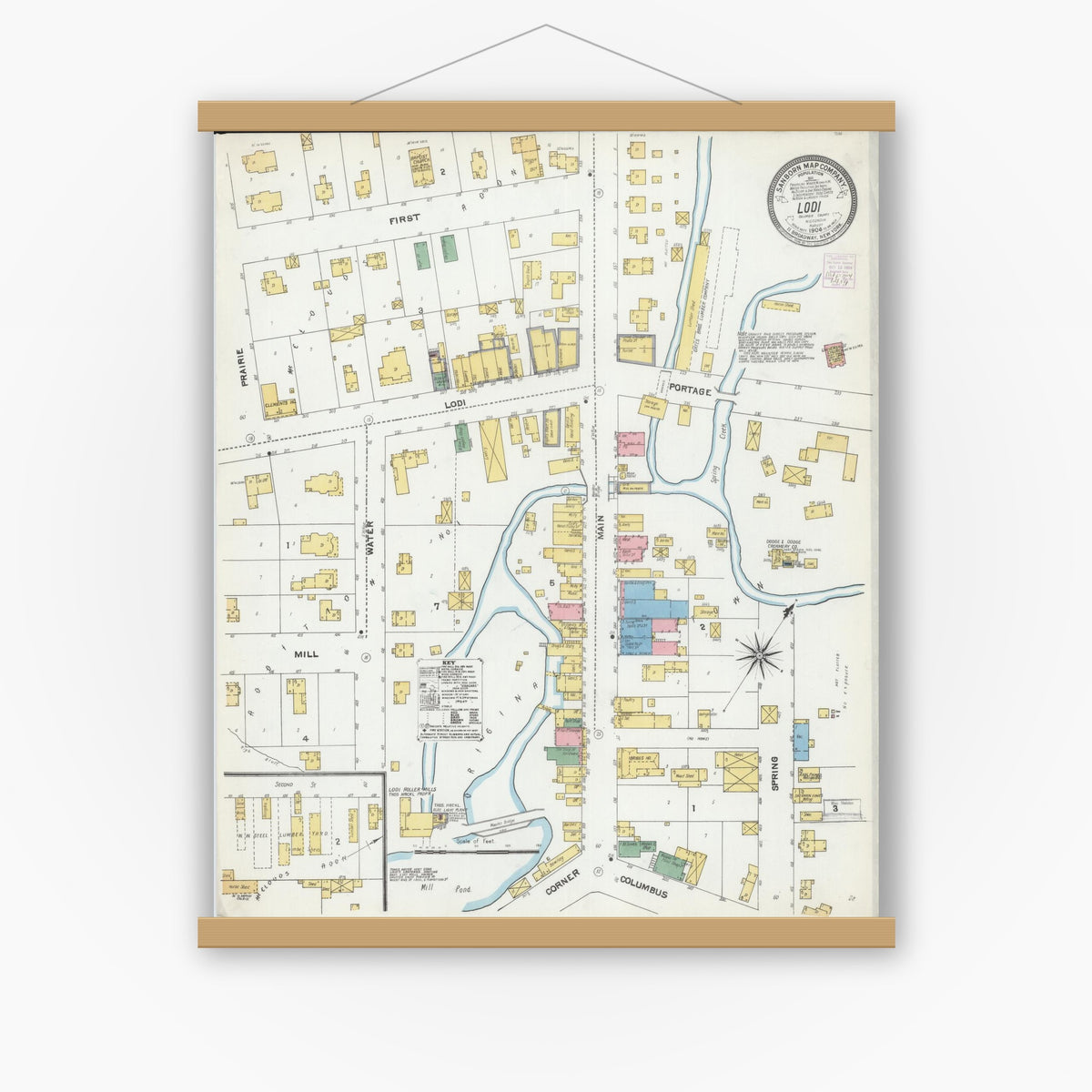 Old map wall art mockup — magnetic wood frame on white wall — Sanborn Fire Insurance Map from Lodi, Columbia County, Wisconsin (1904), Sheet #0001