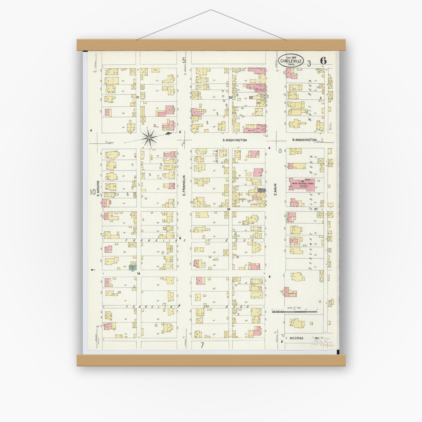 Old map wall art mockup — magnetic wood frame on white wall — Sanborn Fire Insurance Map from Circleville, Pickaway County, Ohio (1907), Sheet #0006