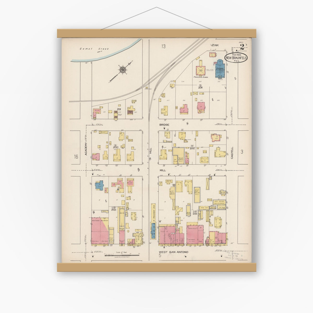Old map wall art mockup — magnetic wood frame on white wall — Sanborn Fire Insurance Map from New Braunfels, Comal County, Texas (1922), Sheet #0002