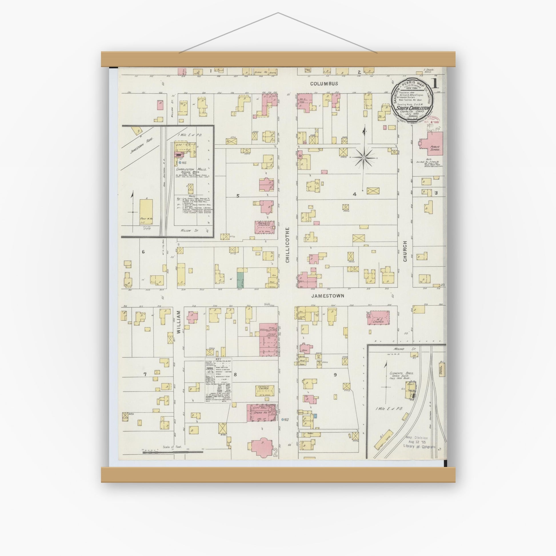 Old map wall art mockup — magnetic wood frame on white wall — Sanborn Fire Insurance Map from South Charleston, Clark County, Ohio (1895), Sheet #0001
