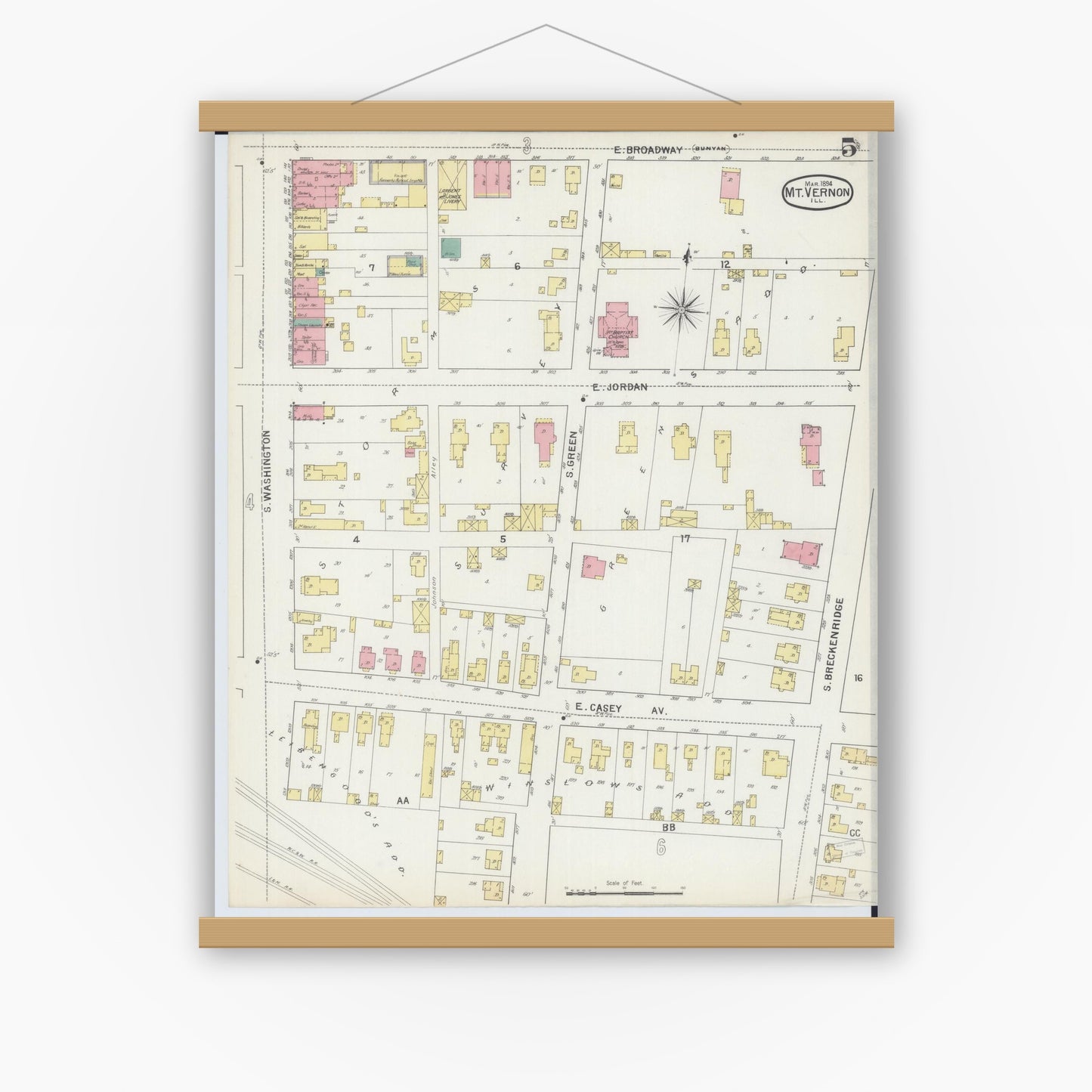 Old map wall art mockup — magnetic wood frame on white wall — Sanborn Fire Insurance Map from Mount Vernon, Jefferson County, Illinois (1894), Sheet #0005