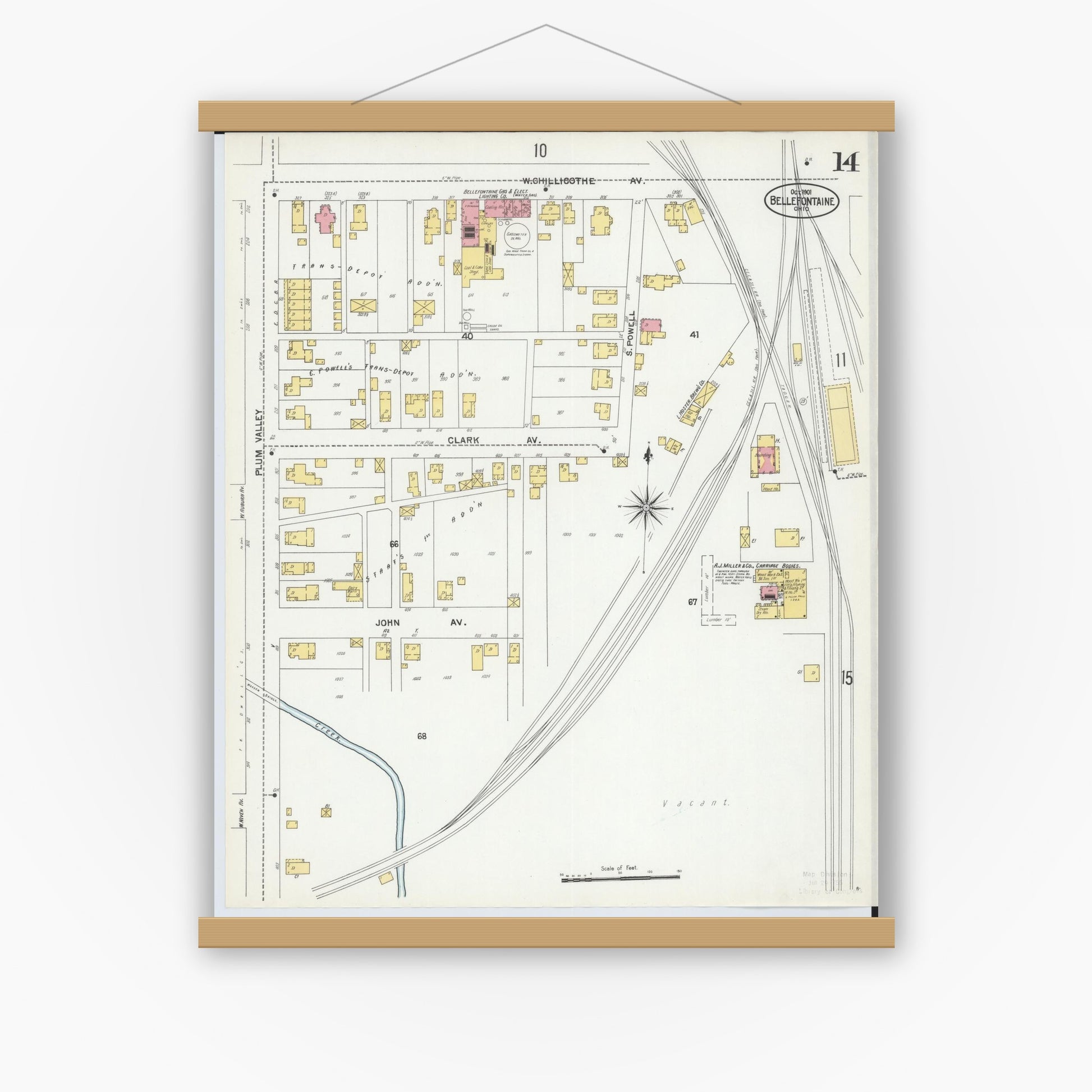 Old map wall art mockup — magnetic wood frame on white wall — Sanborn Fire Insurance Map from Bellefontaine, Logan County, Ohio (1901), Sheet #0014