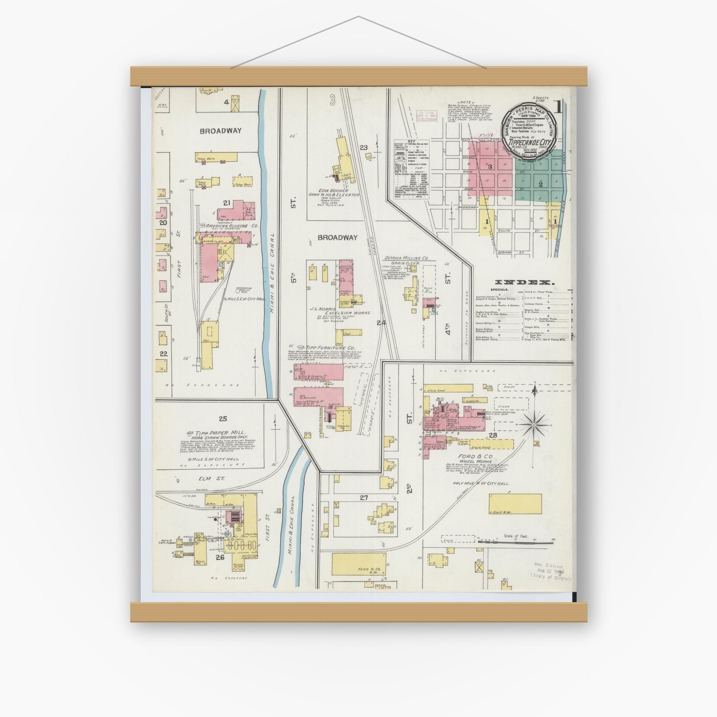 Old map wall art mockup — magnetic wood frame on white wall — Sanborn Fire Insurance Map from Tipp City, Miami County, Ohio (1892) - Complete Map Set