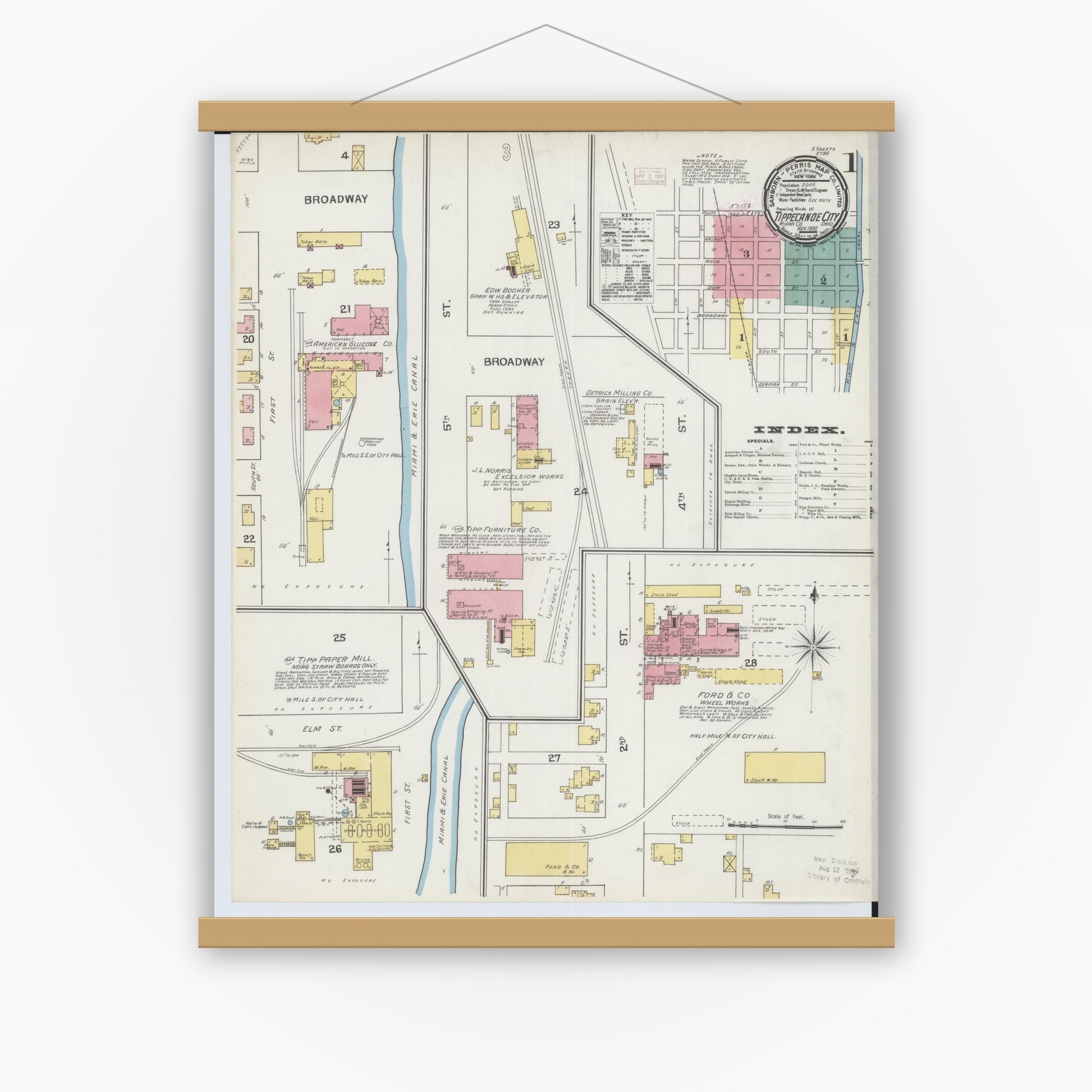 Old map wall art mockup — magnetic wood frame on white wall — Sanborn Fire Insurance Map from Tipp City, Miami County, Ohio (1892) - Complete Map Set