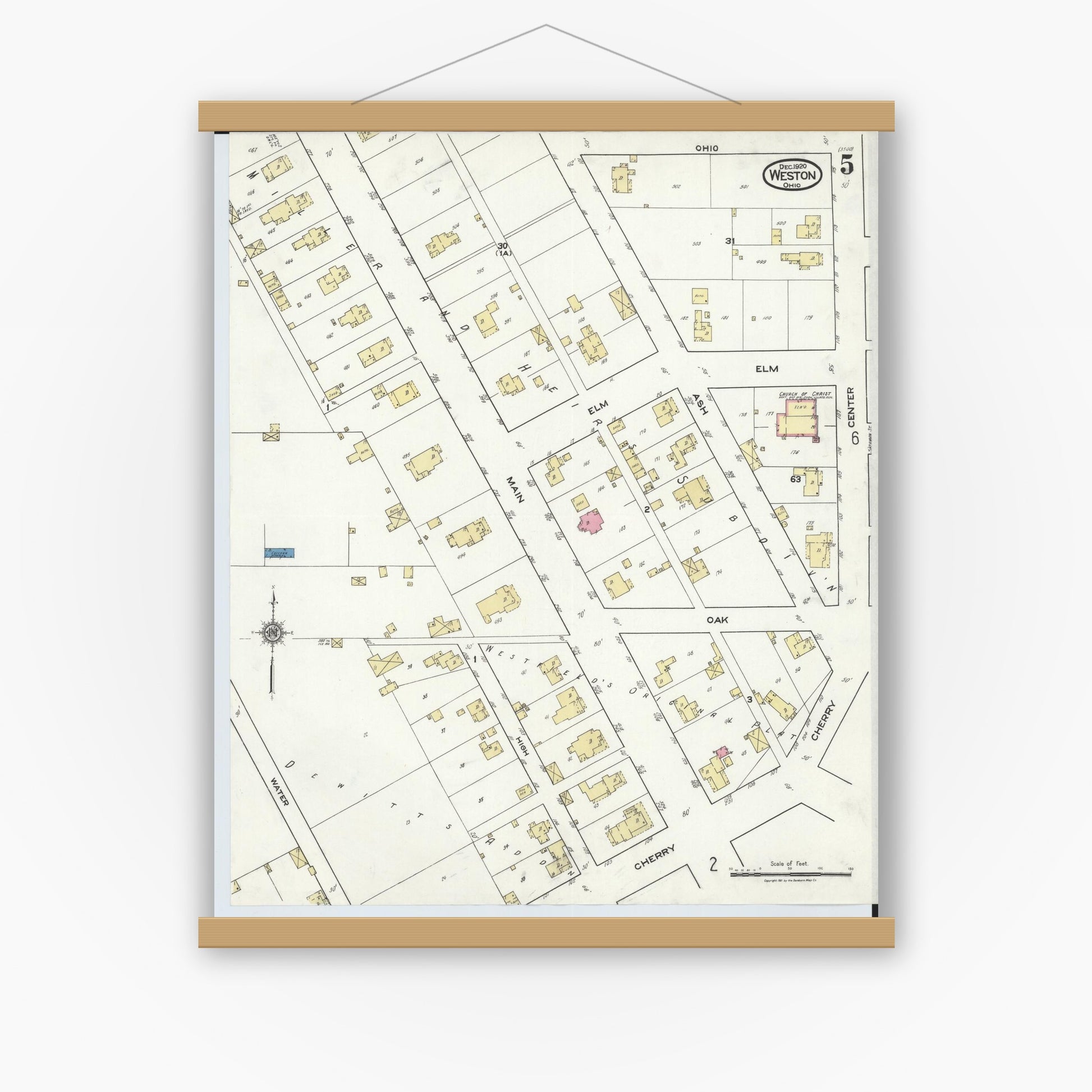 Old map wall art mockup — magnetic wood frame on white wall — Sanborn Fire Insurance Map from Weston, Wood County, Ohio (1920), Sheet #0005