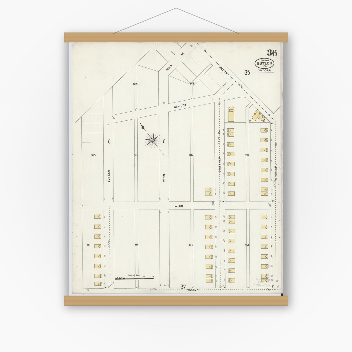 Old map wall art mockup — magnetic wood frame on white wall — Sanborn Fire Insurance Map from Butler, Butler County, Pennsylvania (1906), Sheet #0036