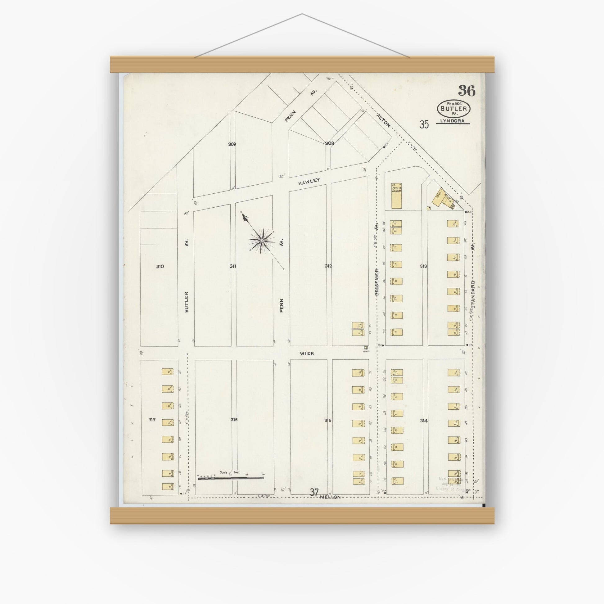 Old map wall art mockup — magnetic wood frame on white wall — Sanborn Fire Insurance Map from Butler, Butler County, Pennsylvania (1906), Sheet #0036