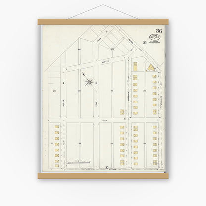 Old map wall art mockup — magnetic wood frame on white wall — Sanborn Fire Insurance Map from Butler, Butler County, Pennsylvania (1906), Sheet #0036