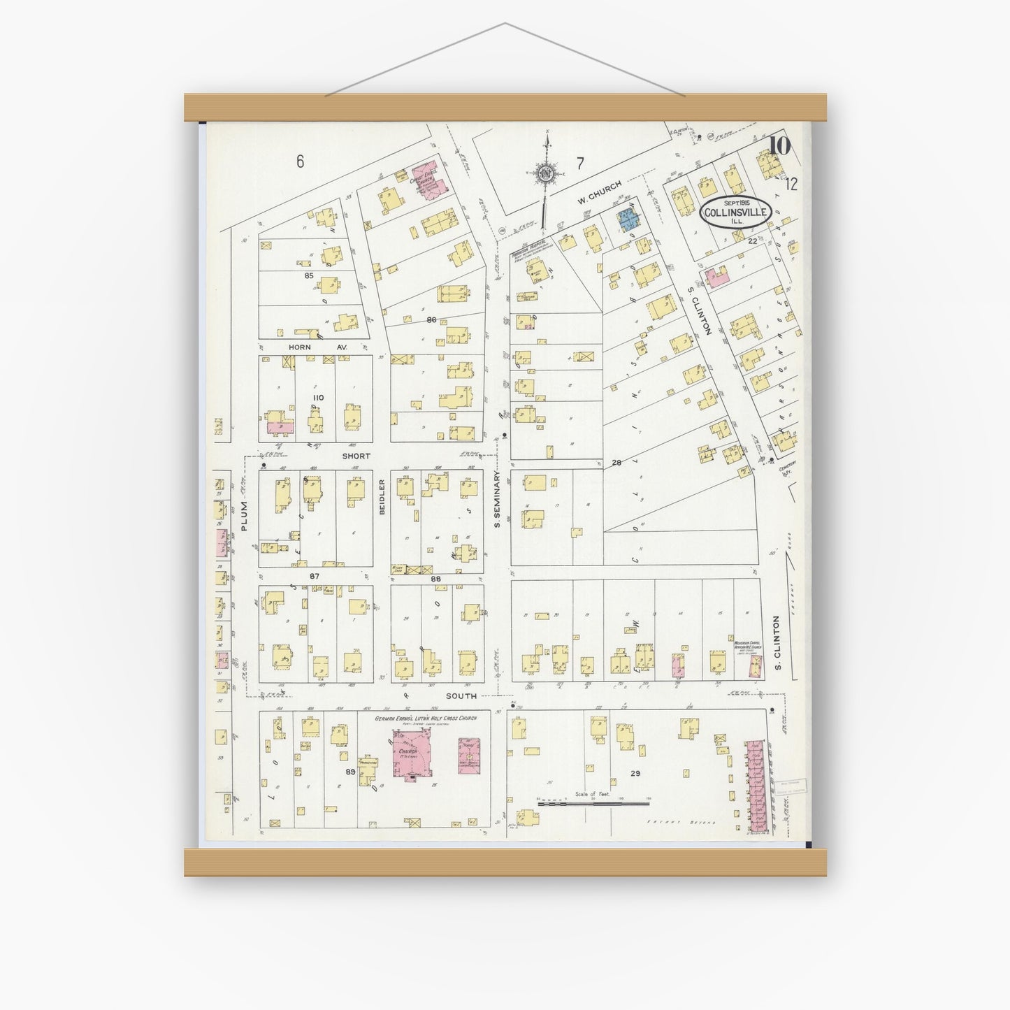Old map wall art mockup — magnetic wood frame on white wall — Sanborn Fire Insurance Map from Collinsville, Madison County, Illinois (1915), Sheet #0010