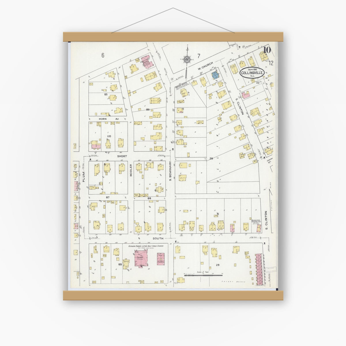 Old map wall art mockup — magnetic wood frame on white wall — Sanborn Fire Insurance Map from Collinsville, Madison County, Illinois (1915), Sheet #0010