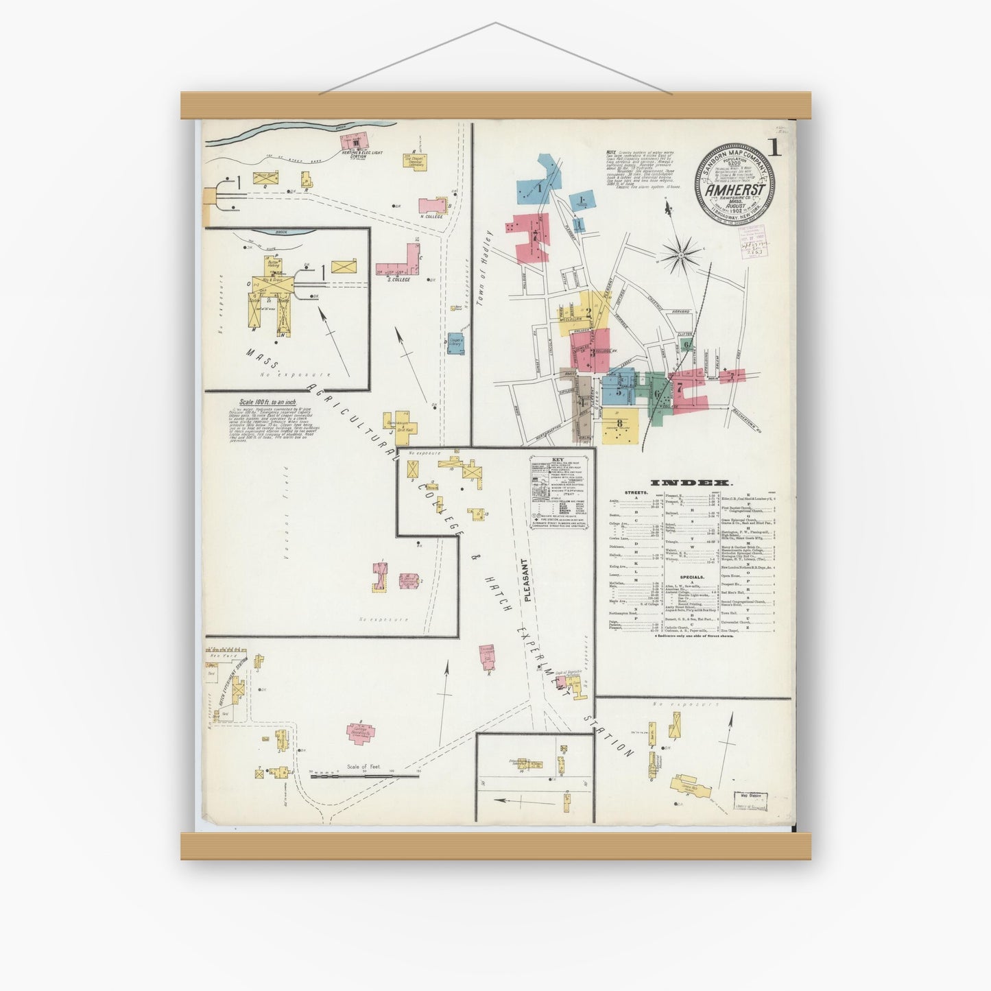 Old map wall art mockup — magnetic wood frame on white wall — Sanborn Fire Insurance Map from Amherst, Hampshire County, Massachusetts (1902) - Complete Map Set
