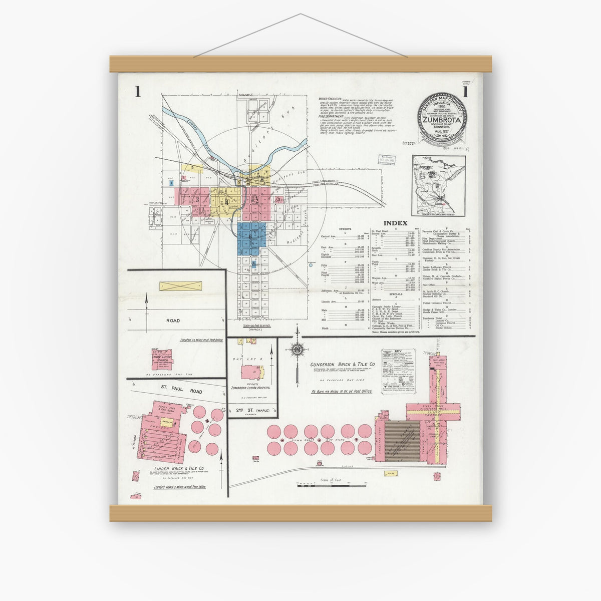 Old map wall art mockup — magnetic wood frame on white wall — Sanborn Fire Insurance Map from Zumbrota, Goodhue County, Minnesota (1927), Sheet #0001