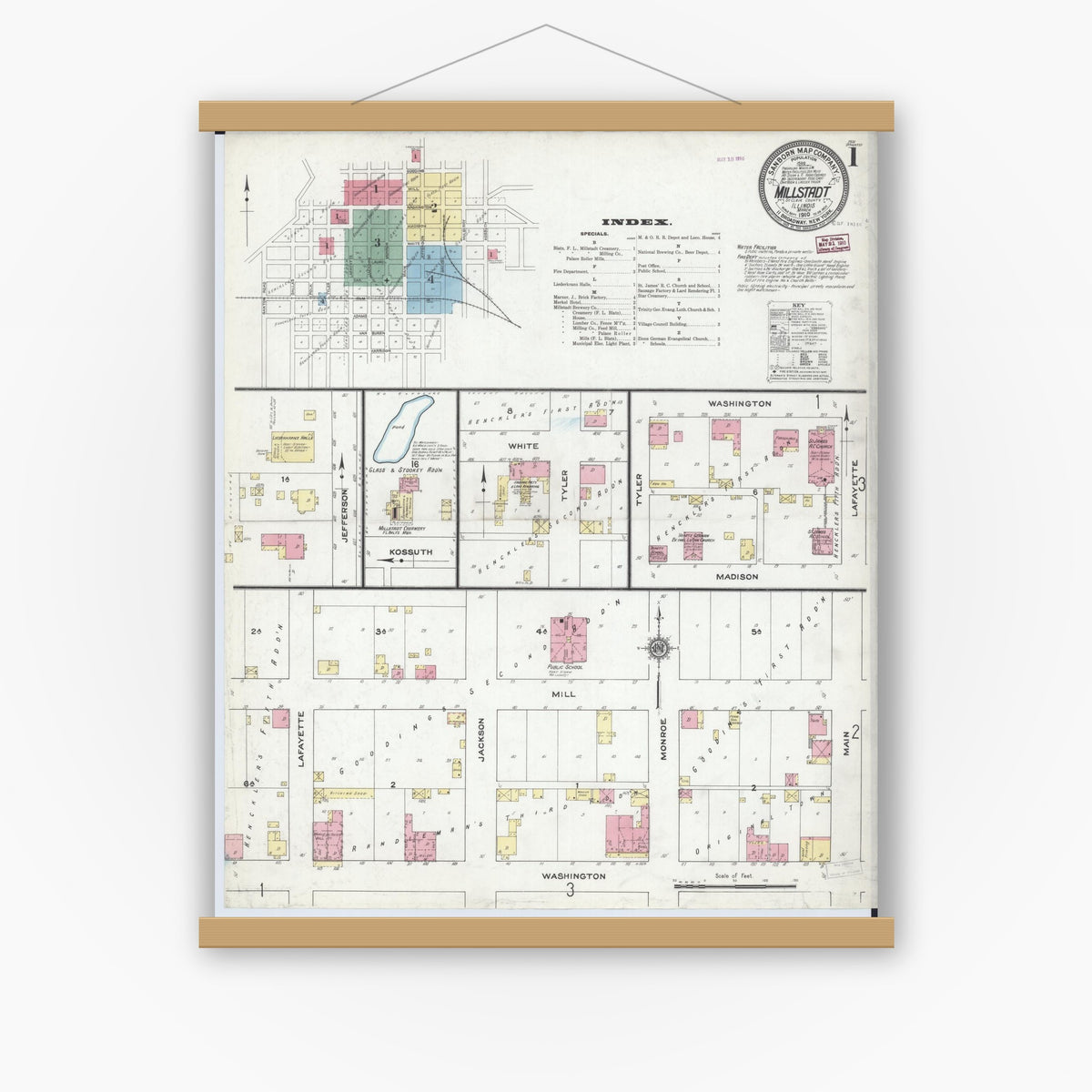 Old map wall art mockup — magnetic wood frame on white wall — Sanborn Fire Insurance Map from Millstadt, Saint Clair County, Illinois (1910) - Complete Map Set