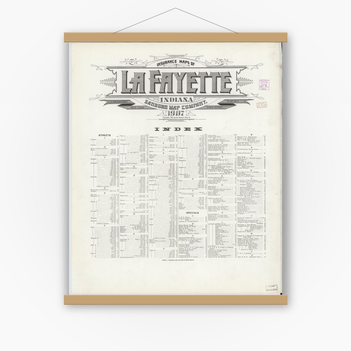 Old map wall art mockup — magnetic wood frame on white wall — Sanborn Fire Insurance Map from Lafayette, Tippecanoe County, Indiana (1907), Sheet #0001