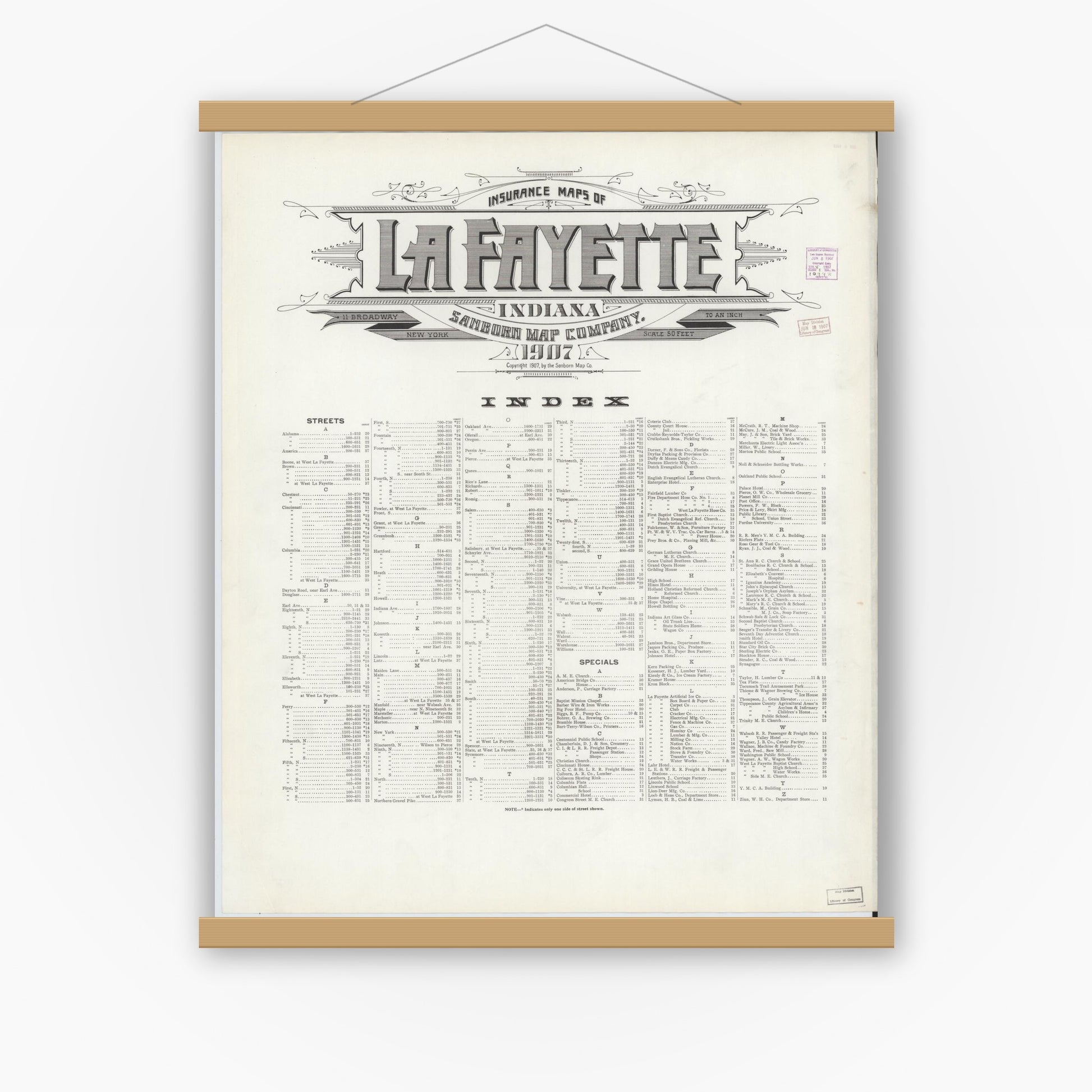 Old map wall art mockup — magnetic wood frame on white wall — Sanborn Fire Insurance Map from Lafayette, Tippecanoe County, Indiana (1907), Sheet #0001