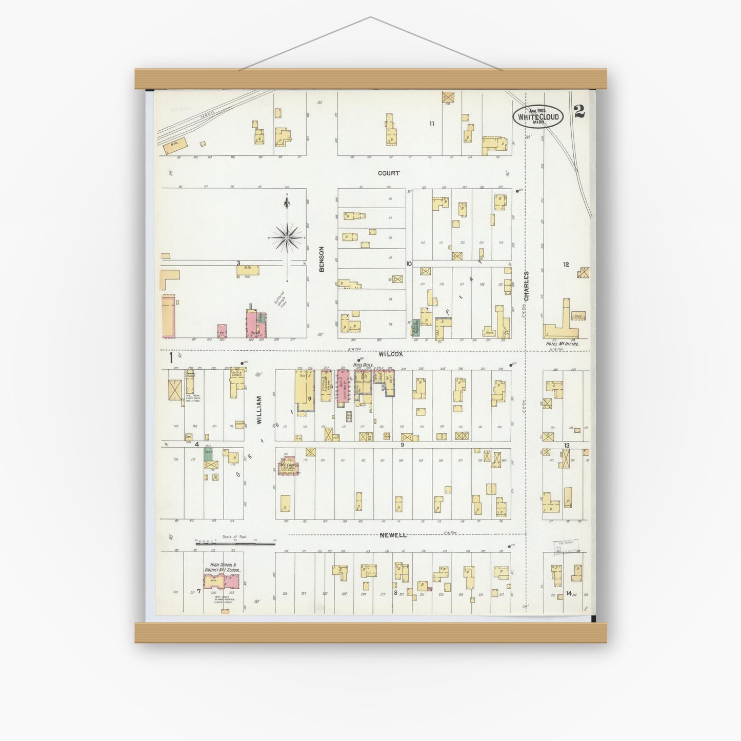 Old map wall art mockup — magnetic wood frame on white wall — Sanborn Fire Insurance Map from White Cloud, Newaygo County, Michigan (1902), Sheet #0002