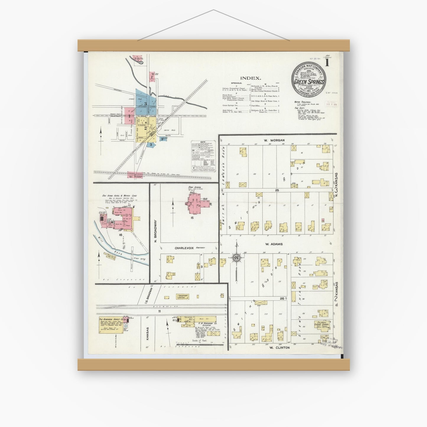 Old map wall art mockup — magnetic wood frame on white wall — Sanborn Fire Insurance Map from Green Springs, Sandusky And Seneca Counties, Ohio (1911) - Complete Map Set